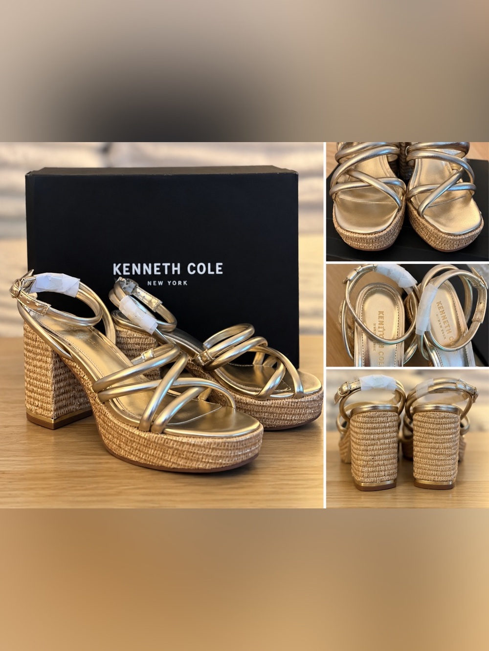 Kenneth Cole Metallic Gold Strappy Wedge Sandals